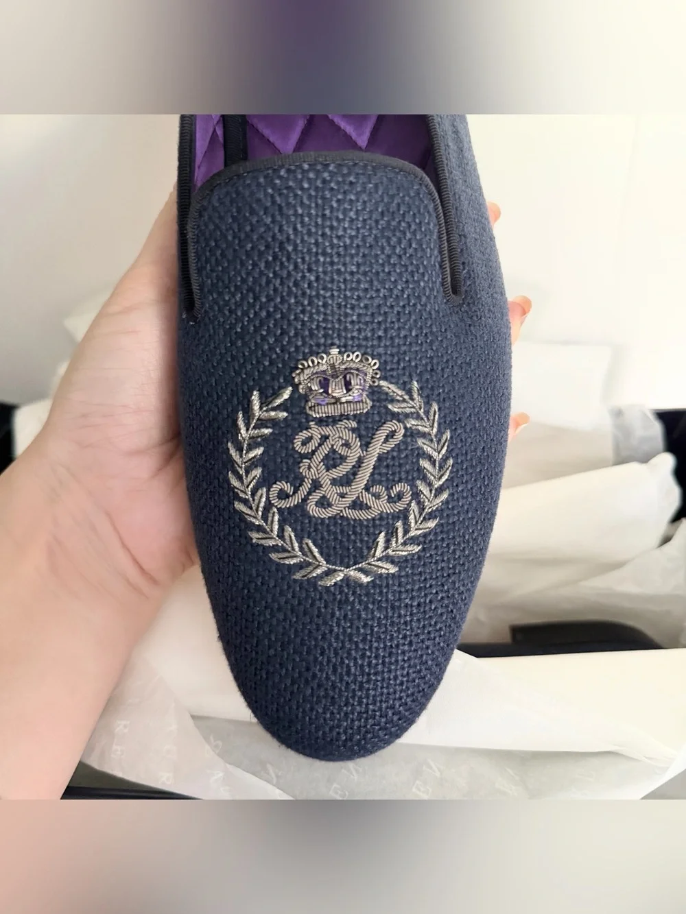 Ralph Lauren Purple Label Alonzo Bullion Crest Linen Slipper in Navy NWT NIB